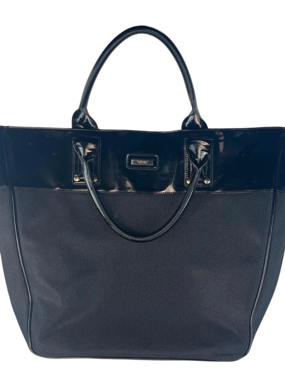 NEW Versace Perfums XL Black Tote  Patent Leather Trim & Metal Feet w COA